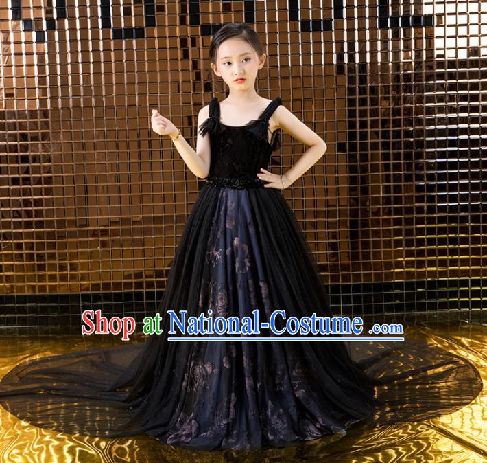 Children Catwalks Princess Costume Compere Stage Performance Black Veil Full Dress for Girls Kids