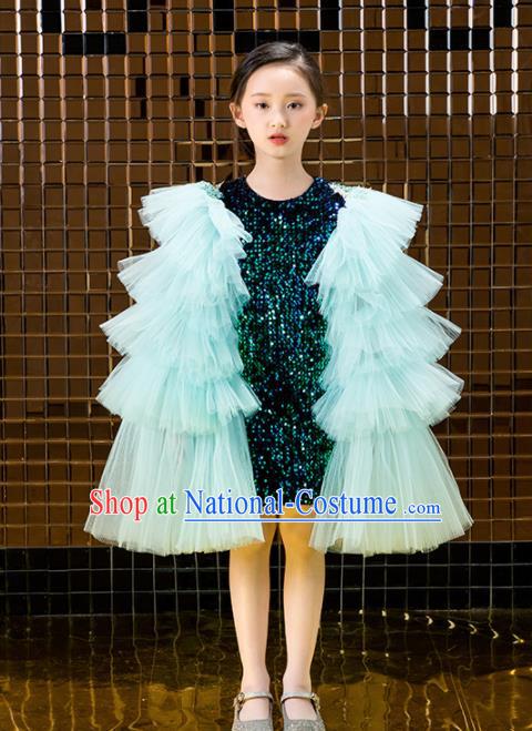 Children Catwalks Costume Stage Performance Compere Green Veil Full Dress for Girls Kids