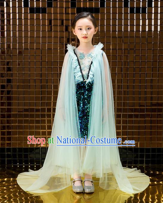 Children Catwalks Costume Stage Performance Compere Green Veil Trailing Full Dress for Girls Kids