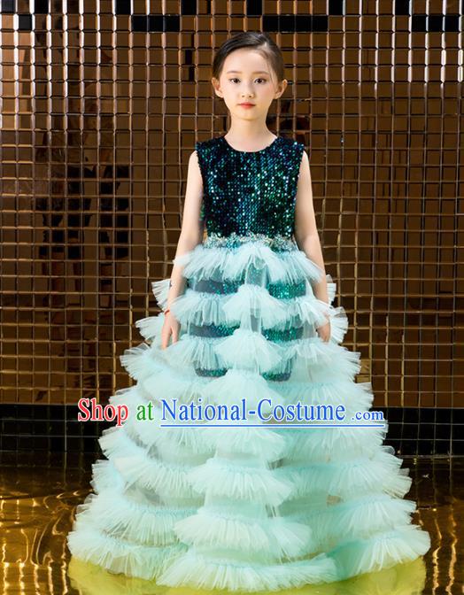 Children Catwalks Costume Stage Performance Compere Green Veil Bubble Full Dress for Girls Kids