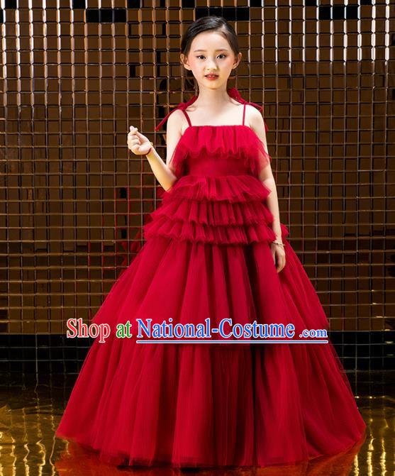 Children Catwalks Costume Stage Performance Compere Modern Dance Red Veil Full Dress for Girls Kids