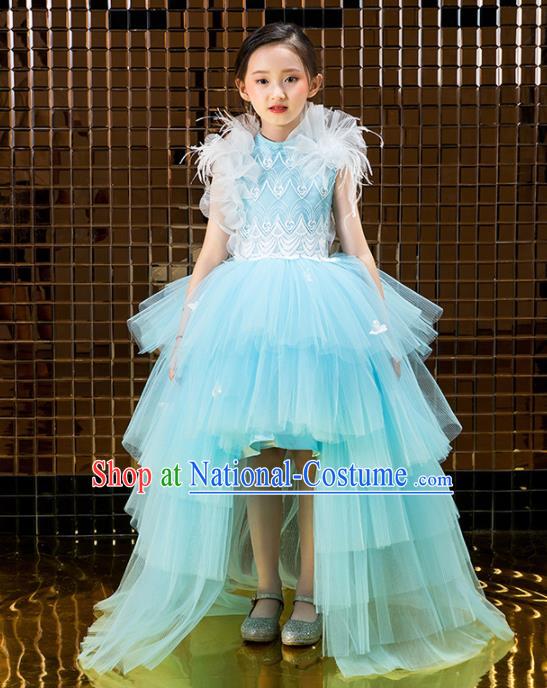 Children Catwalks Costume Stage Performance Compere Modern Dance Blue Veil Trailing Full Dress for Girls Kids