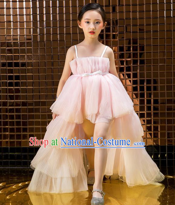 Children Catwalks Costume Stage Performance Compere Modern Dance Pink Veil Trailing Full Dress for Girls Kids