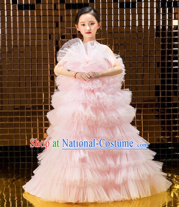 Children Catwalks Princess Costume Stage Performance Compere Modern Dance Pink Veil Full Dress for Girls Kids