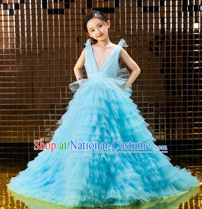 Children Catwalks Princess Costume Stage Performance Compere Modern Dance Blue Veil Full Dress for Girls Kids