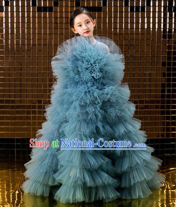 Children Catwalks Princess Costume Compere Modern Dance Blue Veil Full Dress for Girls Kids