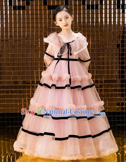 Children Catwalks Princess Costume Compere Modern Dance Pink Veil Full Dress for Girls Kids