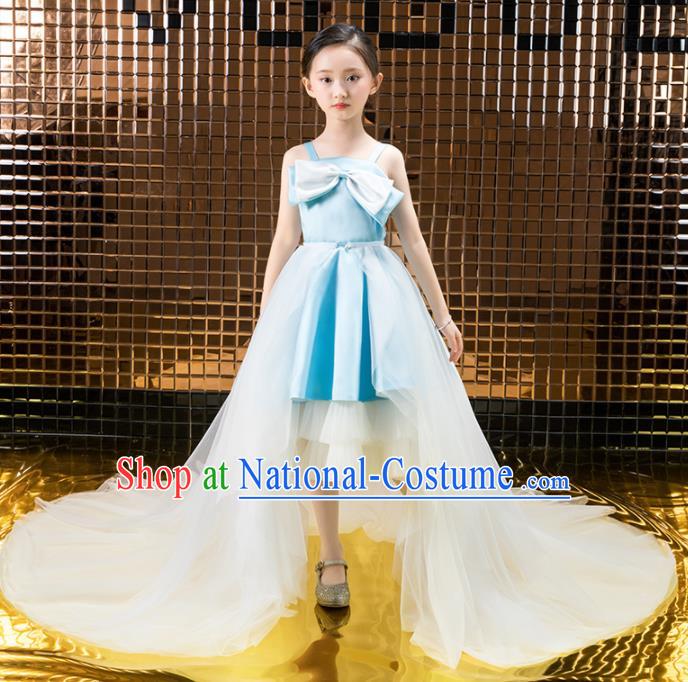 Children Catwalks Costume Girls Compere Modern Dance Princess Blue Full Dress for Kids