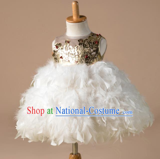 Children Catwalks Costume Girls Compere Modern Dance Princess Feather Bubble Full Dress for Kids