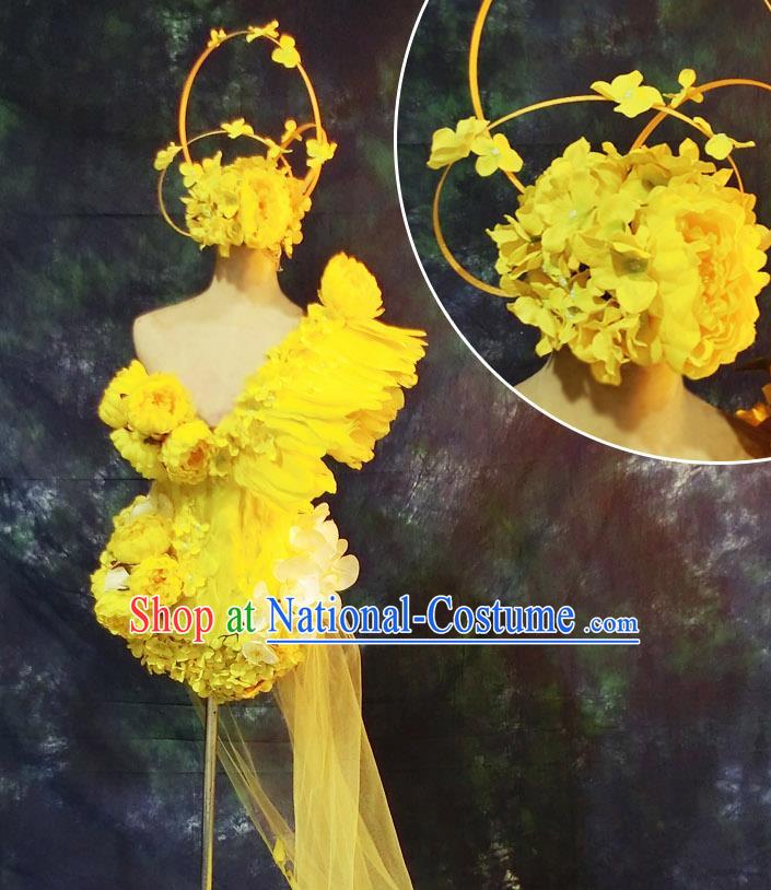 Brazilian Carnival Parade Halloween Clothing Catwalks Stage Show Yellow Flowers Costumes and Headwear for Women