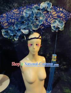 Halloween Cosplay Deluxe Palace Blue Flowers Hair Accessories Chinese Catwalks Hat Headwear for Women