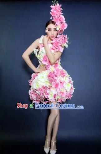 Brazilian Carnival Parade Halloween Costumes Catwalks Stage Show Pink Flowers Dress and Headwear for Women