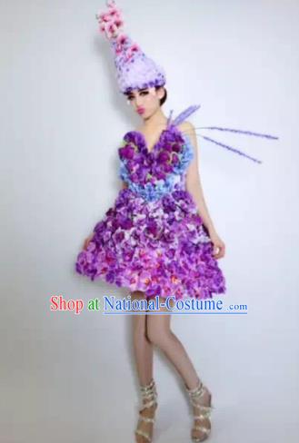 Brazilian Carnival Parade Halloween Costumes Catwalks Stage Show Purple Flowers Dress and Headwear for Women