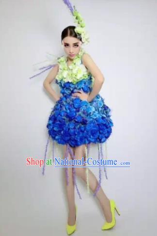 Brazilian Carnival Parade Halloween Costumes Catwalks Stage Show Royalblue Flowers Dress and Headwear for Women