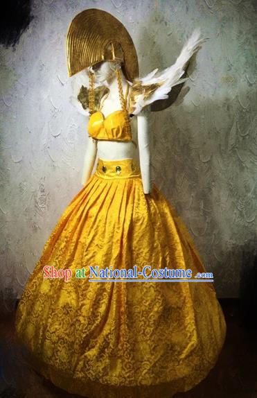 Brazilian Carnival Parade Costumes Halloween Catwalks Stage Show Yellow Dress and Headwear for Women