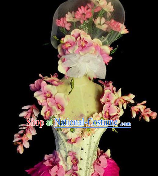 Brazilian Carnival Parade Costumes Halloween Catwalks Clothing and Pink Flowers Headwear for Women