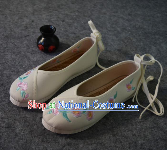 Chinese Traditional Hanfu Shoes Ancient Princess Shoes Beige Embroidered Shoes for Women