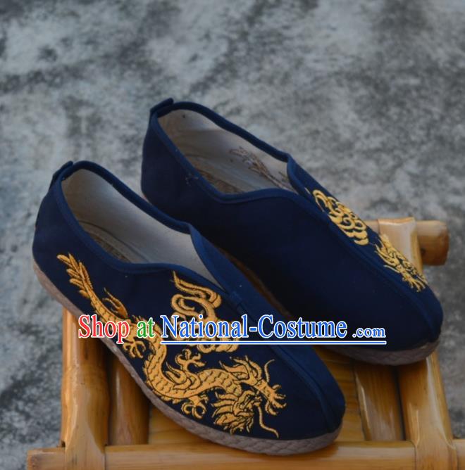 Chinese Traditional Navy Shoes Ancient Swordsman Shoes Embroidered Dragons Shoes for Men