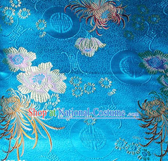 Asian Chinese Tang Suit Material Traditional Chrysanthemum Peony Pattern Design Blue Satin Brocade Silk Fabric