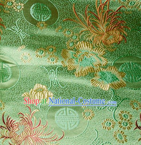 Asian Chinese Tang Suit Material Traditional Chrysanthemum Peony Pattern Design Green Satin Brocade Silk Fabric