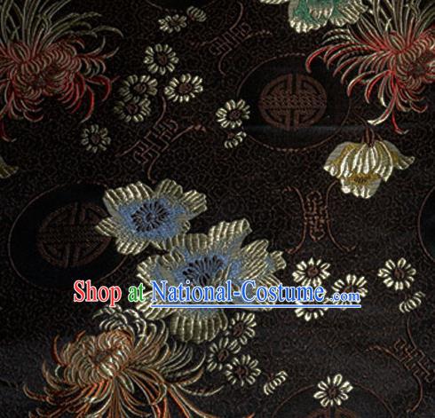 Asian Chinese Tang Suit Material Traditional Chrysanthemum Peony Pattern Design Black Satin Brocade Silk Fabric