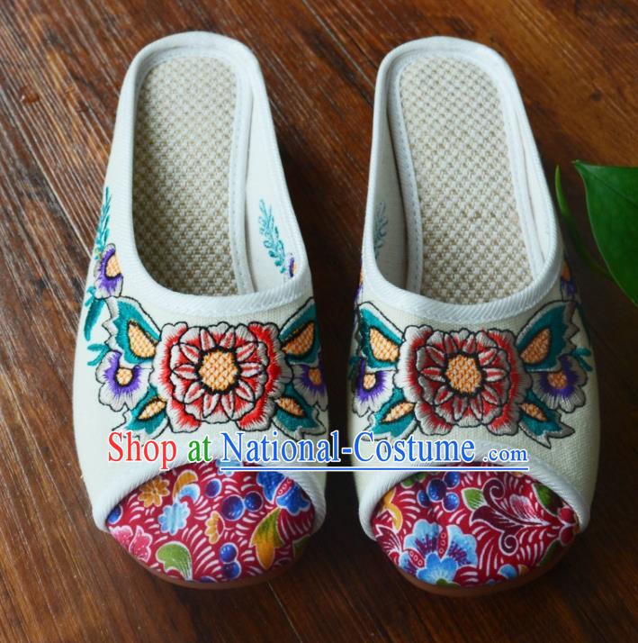 Chinese Traditional Hanfu Shoes Ancient Princess Shoes Embroidered White Linen Slippers for Women