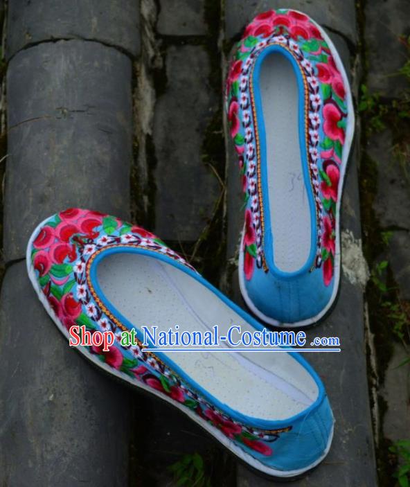 Chinese Traditional Hanfu Blue Shoes Ancient Princess Shoes Embroidered Shoes for Women