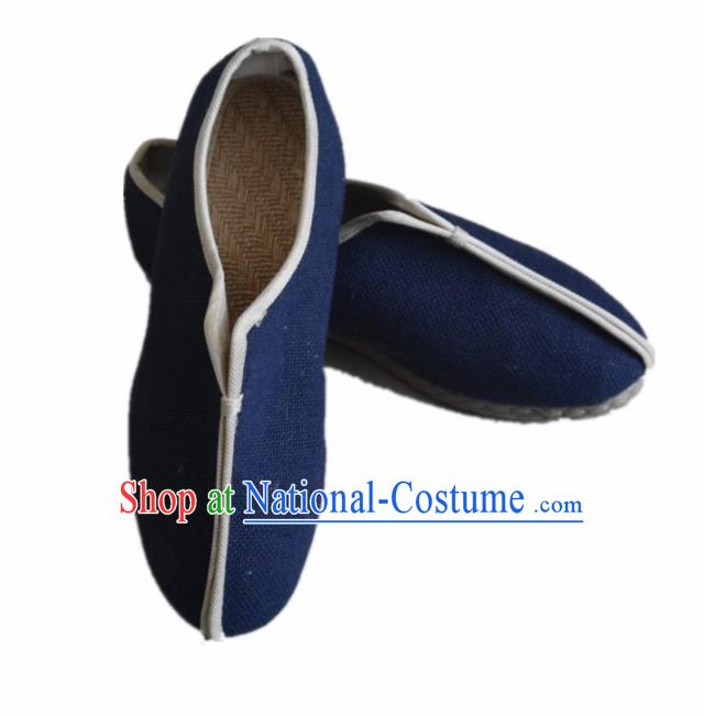 Chinese Traditional National Navy Linen Shoes Martial Arts Shoes Ancient Monk Shoes for Men