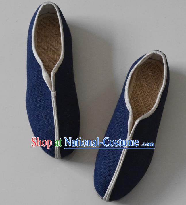 Chinese Traditional National Navy Linen Shoes Martial Arts Shoes Ancient Monk Shoes for Men