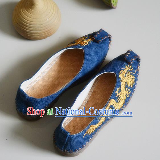 Chinese Traditional National Embroidered Dragons Navy Linen Shoes Martial Arts Shoes Ancient Monk Shoes for Men