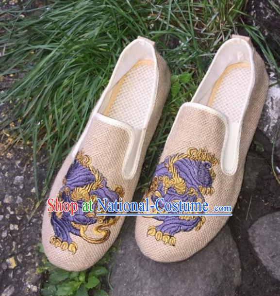 Chinese Traditional National Embroidered Shoes Martial Arts Shoes Ancient Monk Beige Linen Shoes for Men