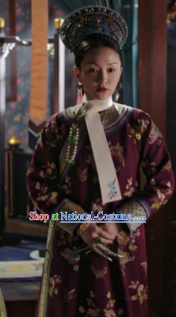 Chinese Traditional Palace Costumes Ancient Qing Dynasty Manchu Imperial Consort Ruyi Embroidered Dresses and Headpiece Complete Set