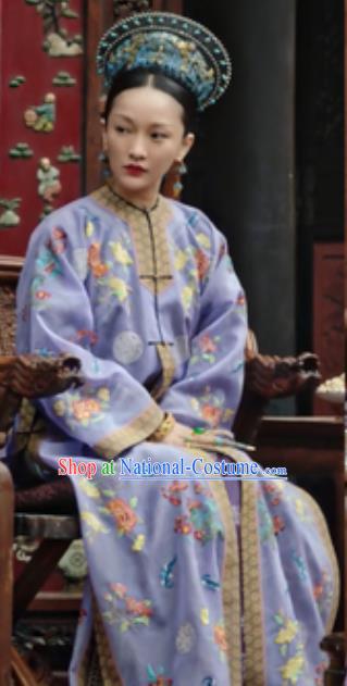 Chinese Ancient Qing Dynasty Mandarin Dress Manchu Imperial Consort Ruyi Embroidered Costumes and Headpiece Complete Set