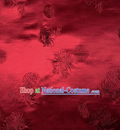 Asian Chinese Tang Suit Wine Red Brocade Material Traditional Longevity Chrysanthemum Pattern Design Satin Silk Fabric