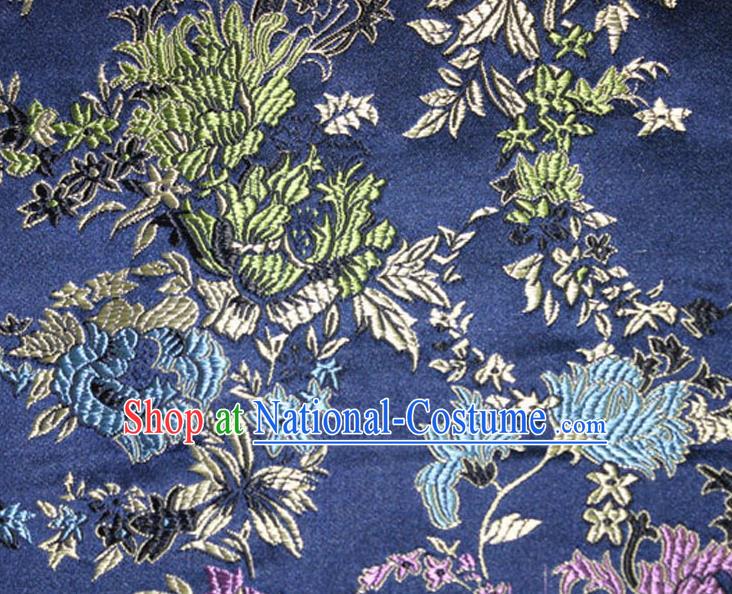 Asian Chinese Tang Suit Silk Fabric Navy Brocade Traditional Peony Pattern Design Satin Material