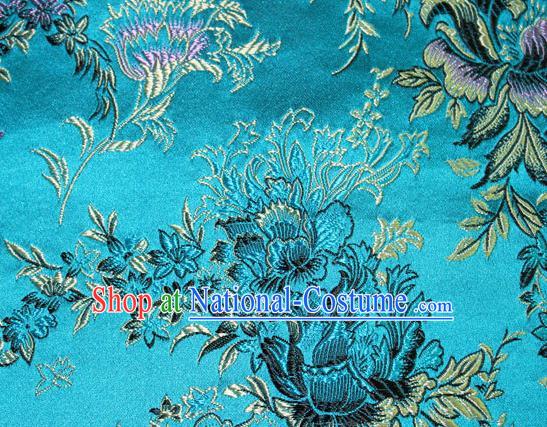 Asian Chinese Tang Suit Silk Fabric Blue Brocade Traditional Peony Pattern Design Satin Material