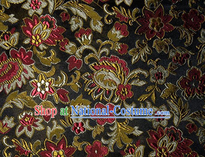 Asian Chinese Tang Suit Silk Fabric Black Brocade Traditional Flowers Pattern Design Satin Material