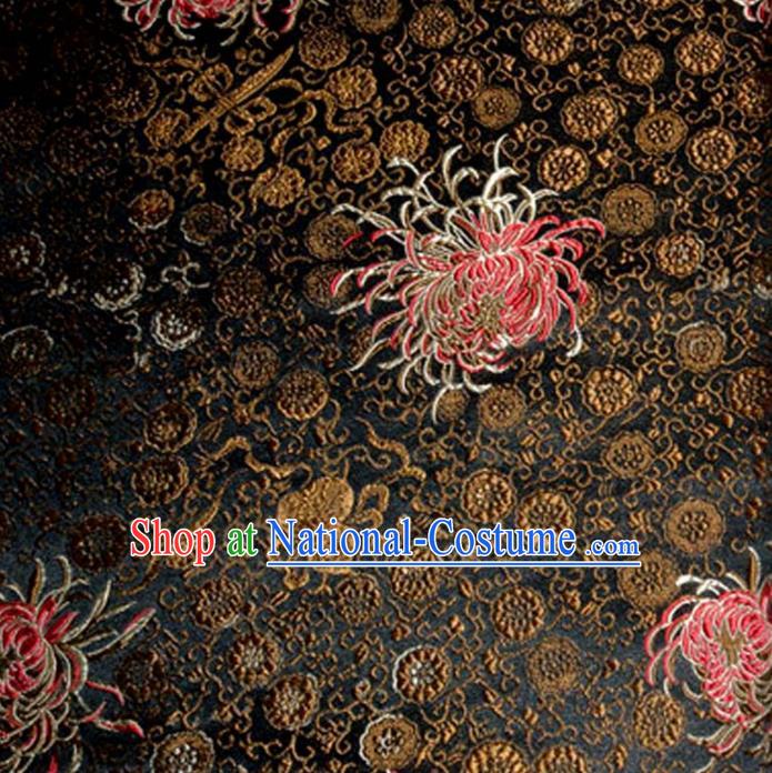 Asian Traditional Royal Chrysanthemum Pattern Design Black Satin Material Chinese Tang Suit Brocade Silk Fabric