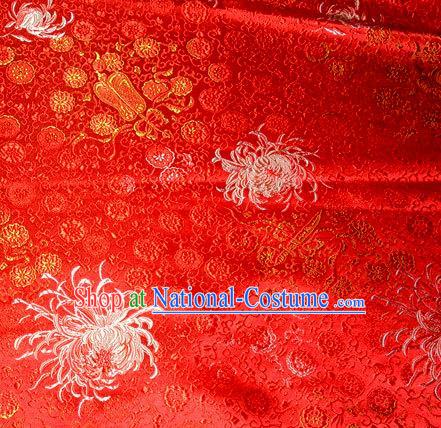 Asian Traditional Royal Chrysanthemum Pattern Design Red Satin Material Chinese Tang Suit Brocade Silk Fabric