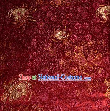 Asian Traditional Royal Chrysanthemum Pattern Design Purplish Red Satin Material Chinese Tang Suit Brocade Silk Fabric