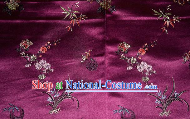 Asian Chinese Tang Suit Purple Brocade Silk Fabric Traditional Plum Blossom Orchid Bamboo Chrysanthemum Pattern Design Satin Material