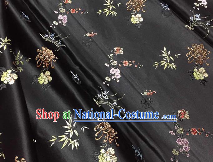 Asian Chinese Tang Suit Black Brocade Silk Fabric Traditional Plum Blossom Orchid Bamboo Chrysanthemum Pattern Design Satin Material