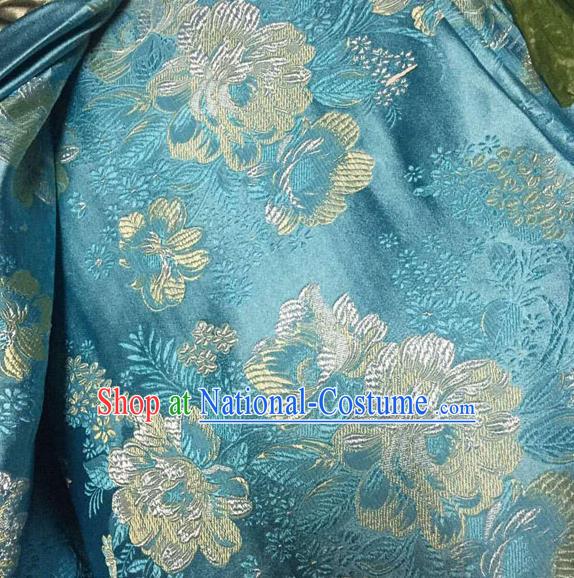 Asian Traditional Peony Pattern Design Blue Satin Material Chinese Tang Suit Brocade Silk Fabric