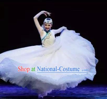 Chinese Traditional Classical Dance Costumes Umbrella Dance Folk Dance White Dress for Women