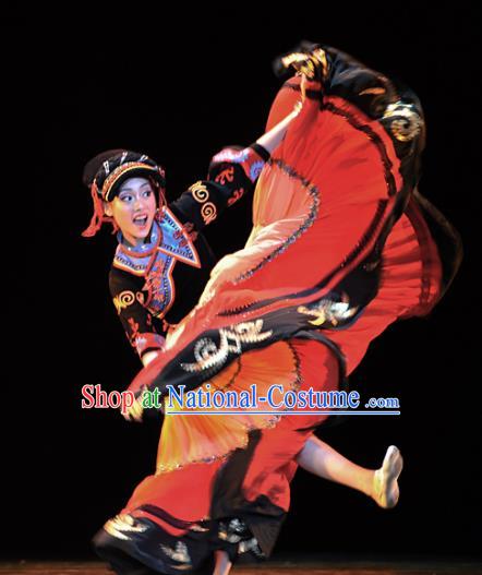 Chinese Traditional Folk Dance Yi Ethnic Costumes Group Dance Stage Performance Dress for Women