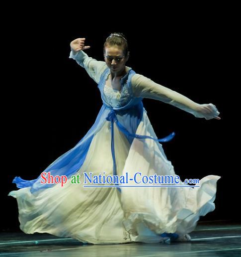 Chinese Traditional Classical Dance Costumes Stage Performance Folk Dance Blue Dress for Women