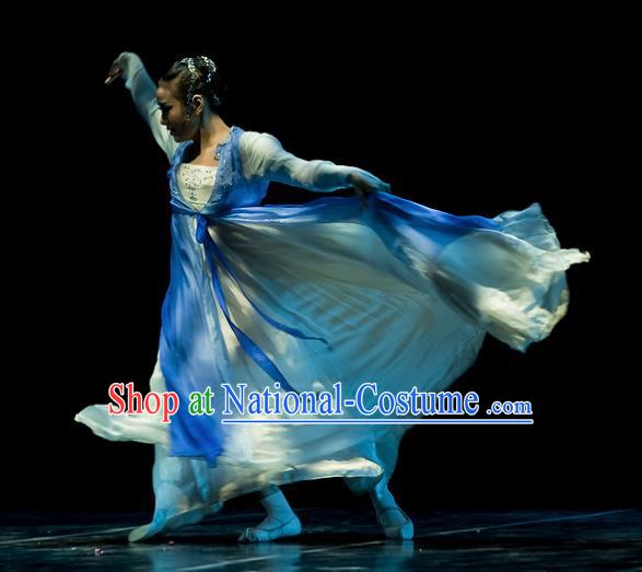 Chinese Traditional Classical Dance Costumes Stage Performance Folk Dance Blue Dress for Women