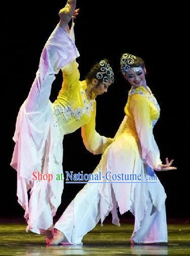 Chinese Traditional Classical Dance Group Dance Costumes Stage Performance Yellow Dress for Women