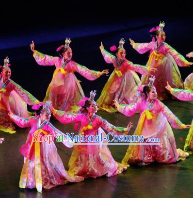 Chinese Traditional Folk Dance Group Dance Costumes Korean Nationality Stage Performance Pink Dress for Women