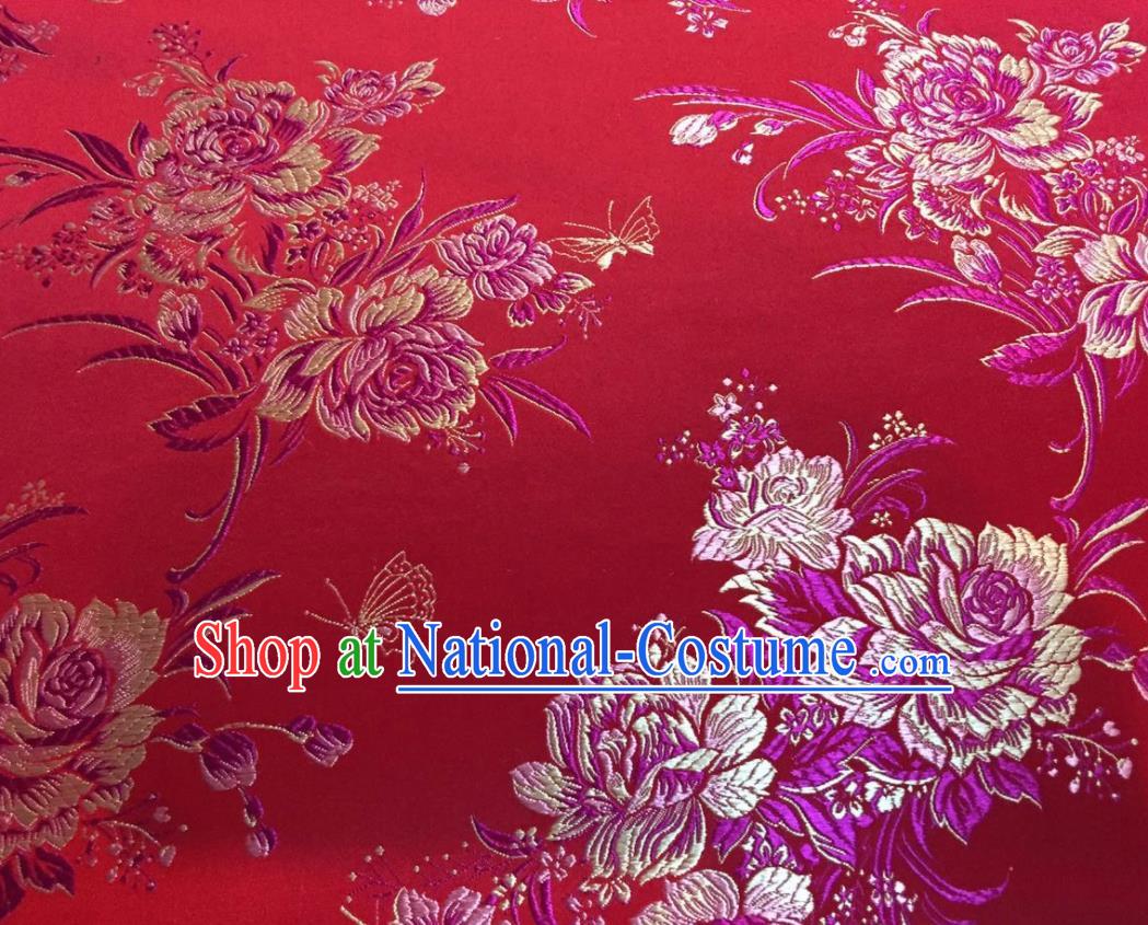 Asian Traditional Royal Peony Pattern Design Red Satin Material Chinese Tang Suit Brocade Silk Fabric